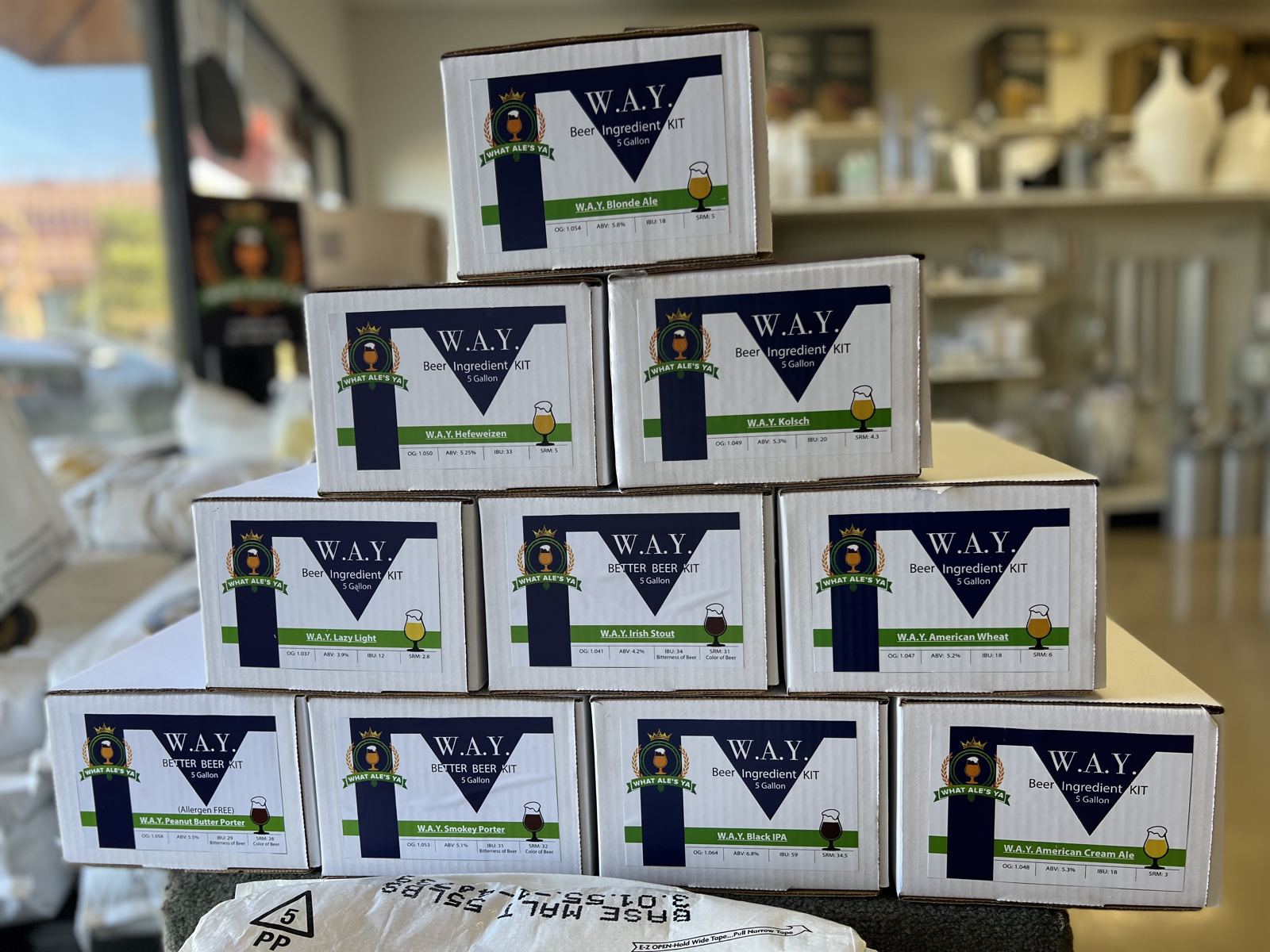 Stack of W.A.Y. Better Beer Kit boxes
